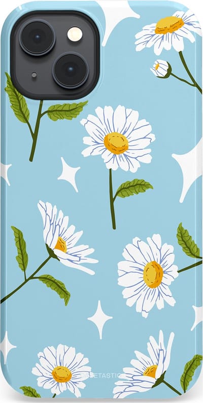 Casetastic hoesje geschikt voor Apple iPhone 14 - MagSafe - Dubbellaagse bescherming - Margrietjes in de Wind - Fashion Case - Lichtblauw Wit Groen