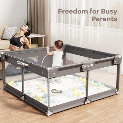 Babybox met mat 120 x 120 cm, kinderbox, kleine babybox met hekken, babybox van Oxfordstof, babybox voor appartement grijs