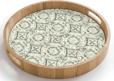 Dienblad rond 40x40 cm - Schootdienblad hout - Krulornament - Tegel - Groen - Borrelplank rechthoek - Plateau houten dienbladen