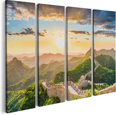 Artaza Canvas Schilderij Vierluik De Chinese Muur door de Bergen met Zon - 80x60 cm - Wanddecoratie Woonkamer - Schilderijen - Muurdecoratie