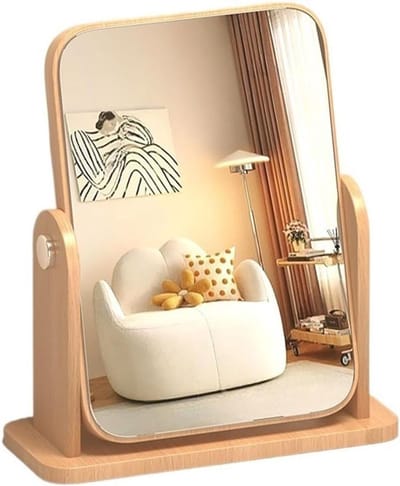 Houten Spiegel - Draaibare Kaptafel - Make-up Aanbrengen - 360 Graden Rotatie - 18x9x20cm - Natuurlijk Hout
