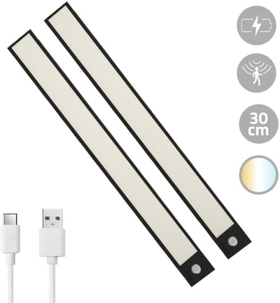 2x Kastverlichting met bewegingssensor - Dual White - 30 cm - Kastverlichting oplaadbaar - Zwart - Set van 2 stuks