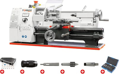 Metaaldraaibank centerhoogte 100 mm centerlengte 300 mm spilboring 21 mm 0,6 kW 230V met essentiële toebehoren Torros PACK TR1830V
