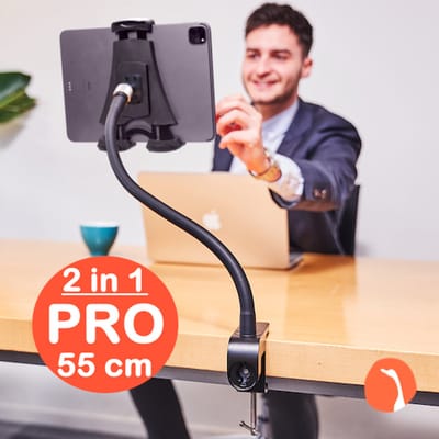 GOOS-E Tablet houder + Telefoonhouder PRO (6-14 inch) - iPad houder standaard - Flexibel - STERK & Stijlvol - met 2-weg klem - o.a. bureau, tafel en bed - NL design