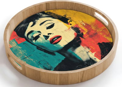 Dienblad rond 40x40 cm - Schootdienblad hout - Vrouw - Rode lippen - Expressief - Grafisch - Borrelplank rechthoek - Plateau houten dienbladen