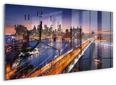 Tulup Wandklok - New York Gekleurde Glazen Klok - 60x30 cm - Paars Glazen Klok Met Print - Zwarte Handen - Rechthoekige Wandklok - Wandklok Glas Decoratie - Gekleurde Glazen Klok