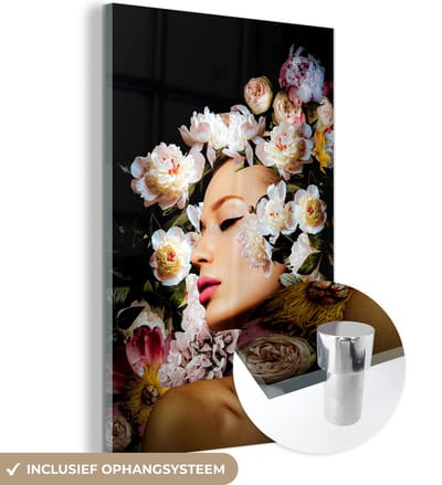 MuchoWow® Glasschilderij 40x60 cm - Schilderij acrylglas - Vrouwen - Bloemen - Rozen - Portret - Foto op glas - Schilderijen