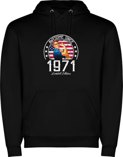 Zwarte unisex hoodie met “ Kleurrijke Awesome Since 1971 Limited Edition – Leeftijd – Verjaardag “ Print Full Color Color merk Roly maat S
