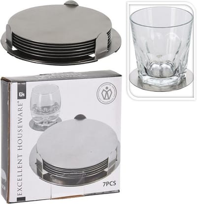 Narimano® 6-delige onderzetterset met houder - RVS onderzetters voor drankjes - ronde stalen onderzetters - zilverkleurig
