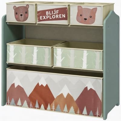 Opbergbakken-Speelgoedkast - ROLIPO - kinderkast met 6 - opbergkast kinderen - speelgoed organizer kinderkamer - kinderrek voor speelgoed en boeken - houten opbergmeubel met schattig dierendesign - groen - 63 x 30 x 66 cm