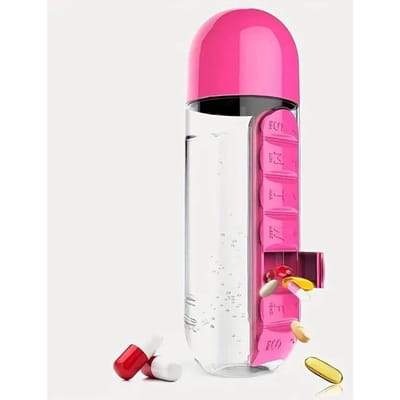 Draagbare Waterfles Met Ingebouwd Pillendoosje voor Medicijnen, Vitaminen, Perfect voor Buiten, Sportschool, Fitness, Kamperen en Reizen roze