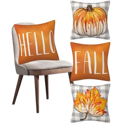 Housses de Coussin d'Automne 18x18 Extérieur Ferme Récolte d'Automne Décor Eucalyptus Ensemble de 4 Housses de Coussin Récolte Bonjour Automne Citrouille violet