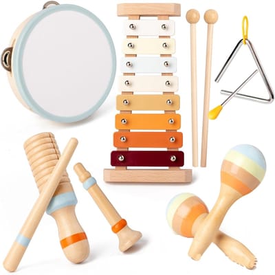 6-in-1 houten muziekspeelgoed, muziekinstrumenten voor baby's, percussie-xylofoonset voor peuters, educatief cadeau voor kleuters, Montessori houten speelgoed voor jongens en meisjes