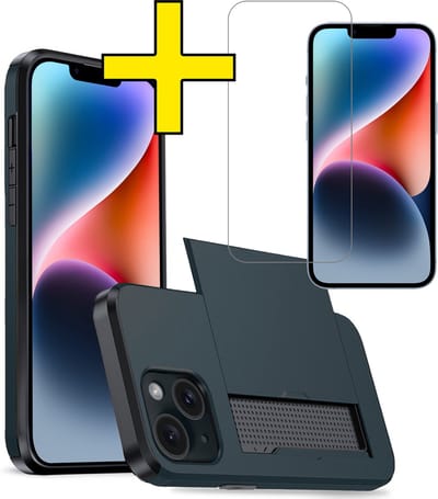 Hoesje Geschikt voor iPhone 14 Hoesje Case Pashouder Hard Cover Met Screenprotector - Hoes Geschikt voor iPhone 14 Hoesje Met Kaarthouder - Donkerblauw