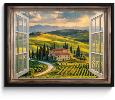 Poster in lijst - Fotolijst 70x50 cm - Posters - Doorkijk - Toscane - Uitzicht - Landschap - Zomer - Posterlijst zwart - Decoratie - Wanddecoratie woonkamer - Muurdecoratie slaapkamer