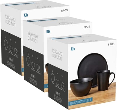 Excellent Houseware Ontbijt Servies set - 18-delig - zwart - keramiek - tafelservies - 6 personen