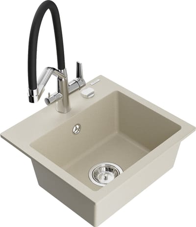 Mexen Milo granieten spoelbak 1-komor met keukenmengkraan Duo, beige - 6505-69-671701-07