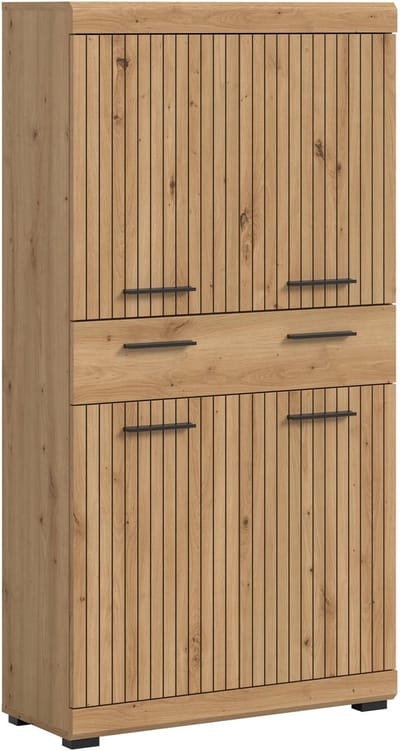 Midikast in artisan look - Zwarte opbergkast met deuren en lade - Moderne woonkast - 74x141x31cm