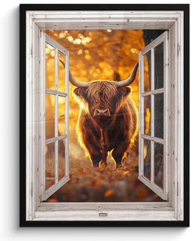 Poster in lijst - Fotolijst 50x70 cm - Posters - Schotse hooglander - Bos - Herfst - Dieren - Natuur - Bladeren - Doorkijk - Posterlijst zwart - Decoratie - Wanddecoratie woonkamer - Muurdecoratie slaapkamer