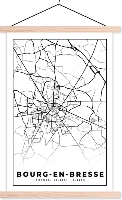 Posterhanger incl. Poster 40x60 cm - Schoolplaat - Stadskaart – Frankrijk – Kaart – Bourg-en-Bresse - Plattegrond - Zwart wit - Textielposter - Blanke latten - Stadskaart