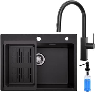 Sofetiy Max spoelbak Keuken 60x45cm Antraciet - Granieten spoelbak Met Uittrekbare Uitloop Keukenkraan en Zeepdispenser 300ML - Spoelbakken met afdruip - Enkele spoelbak Met Afdruiprek - Antraciet