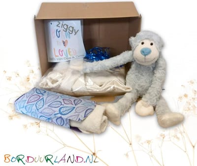 Baby Cadeau Pakket-Kraam Kado-Kraam Cadeau-Baby Geborduurde naam op Baby Badjas - Kraampakket met Naam - Kraam Cadeau Jongen - Baby Geschenkset met Funnies Slingeraap, Baby Badjas en Slabbetje - baby shower