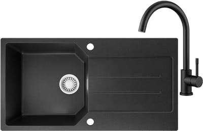 Anycee max Spoelbak Keuken - Graniet Spoelbak 86x45CM Zwart - Spoelbakken Keuken Met Keukenkraan - Spoelbakken Met Afdruip - Opbouw Spoelbak