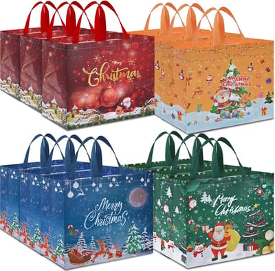 12pcs Extra Large Christmas Gift Bags - 30x30x14cm - Kersttassen met Handvatten - Herbruikbare Non-Woven Kerstwinkeltassen voor Feestjes en Decoraties