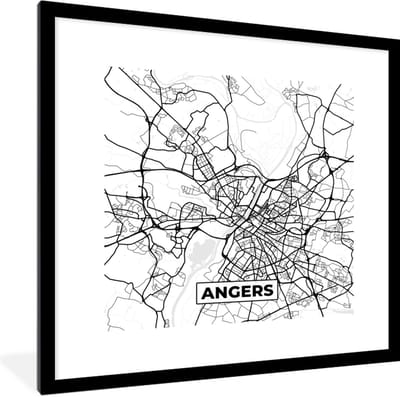 Fotolijst incl. Poster Zwart Wit- Stadskaart - Plattegrond - Angers - Kaart - Frankrijk - Zwart wit - 40x40 cm - Posterlijst
