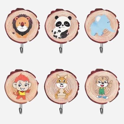 Dierenvormige Kledinghaken voor Kinderen, 6 Stuks, Wandhaken van Hout, Geschikt voor Badkamer, Keuken en Kantoor, Ideaal voor Handdoeken en Hoeden