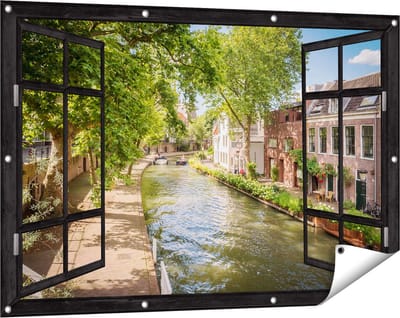 Gards Tuinposter Doorkijk Oudegracht in Utrecht - 120x80 cm - Tuindoek - Tuindecoratie - Wanddecoratie buiten - Tuinschilderij