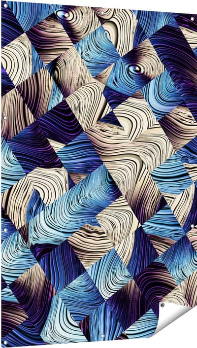Gards Tuinposter Abstracte Kunst met Blauwe en Gouden Ruiten - 100x150 cm - Tuindoek - Tuindecoratie - Wanddecoratie buiten - Tuinschilderij