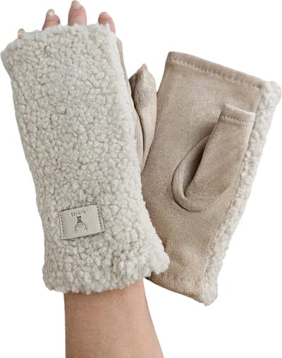 Warme halve vingerhandschoenen voor dames- Beige teddy winterwanten - Gloves winter