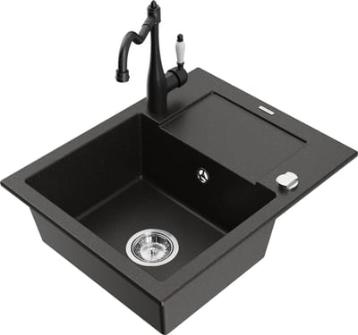 Mexen Enzo granieten spoelbak 1-kamer met afdruiprek en keukenkraan Carla, zwart/goud metallic - 6506-75-670700-70
