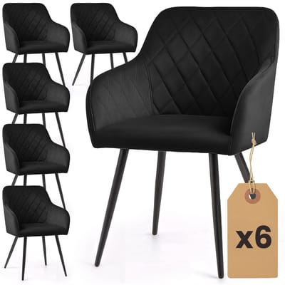 Set van 6 Eetkamerstoelen VELTO met Armleuningen / Gestoffeerde Stoelen / Fluwelen Stoelen en Metalen Poten / Zwart met zwarte benen