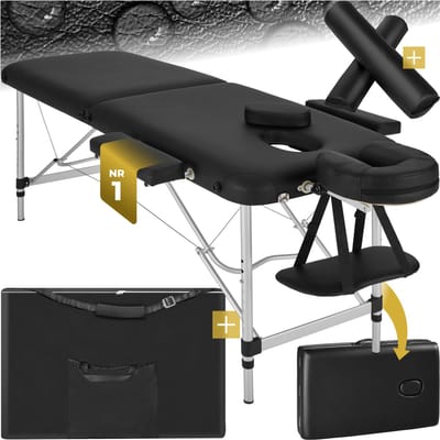 tectake® 2 Zones Massagetafel - Draagvermogen tot 230 kg - Inklapbare Mobiele Massagebank - Set met 2 Rolkussens en Draagtas - Aluminium frame - Behandelbank - Cosmetische Stoel - In hoogte Verstelbaar - 205 x 82 cm - Zwart