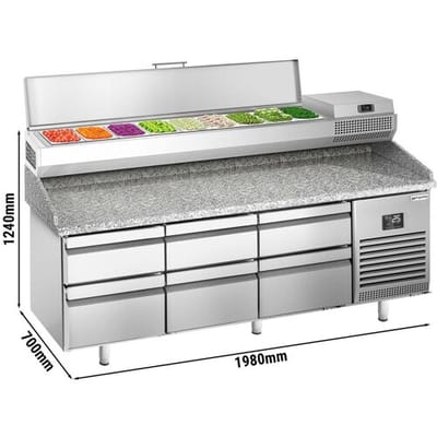 GGM Gastro Pizzakühltisch Premium PLUS - 1980x700mm - mit 6 Schubladen - inkl. Kühlaufsatzvitrine - 9x GN 1/4