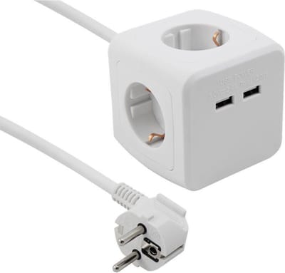 McPower PowerCube Stekkerdoos - Verdeeldoos met 4 stopcontacten - Verdeelstekker met 2 x USB A - Verdeelstekker met 1.5 meter kabel - Wit
