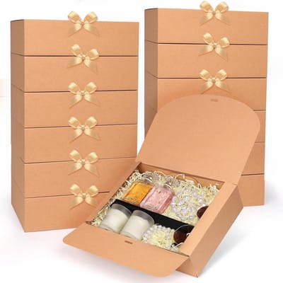 SnelShoppen - 12 Stuks Bruine Geschenkdozen met Deksel 27x20x8 cm - Grote Geschenkpakketten met Gouden Satijnen Lint voor Bruiloft, Verjaardag, Kerstm
