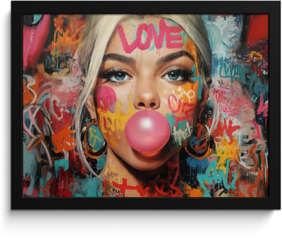 Poster in lijst - Fotolijst 40x30 cm - Posters - Vrouw - Kauwgom - Graffiti - Love - Posterlijst zwart - Decoratie - Wanddecoratie woonkamer - Muurdecoratie slaapkamer