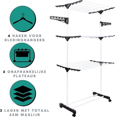 White-Label® Wasrek Inklapbaar op Wieltjes - Droogmolen - Droogtoren Staand