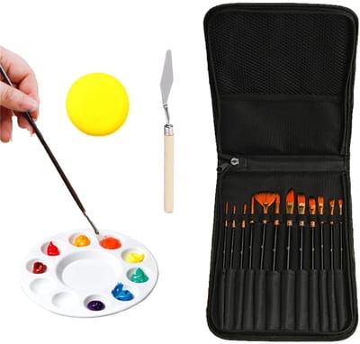 Dailygoods- Kwastenset 12 stuks - Nylon Penselen - Aquarelpenselen - Draagtas - Mengpalet - Multifunctionele Spatel - Spons - Schilderset