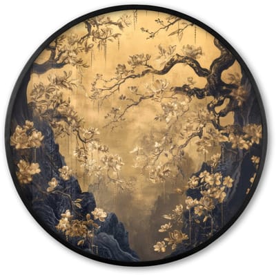 Poster in lijst Rond - Fotolijst 60x60 cm - Posters - Bloemen - Takken - Goud - Sierlijk - Ronde posterlijst zwart - Decoratie - Wanddecoratie woonkamer - Muurdecoratie slaapkamer