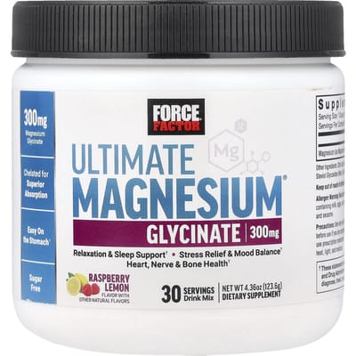Force Factor, Ultimate Glycine Magnesium Drankmix, Framboos Citroen, 4,36 oz (123,6 g)