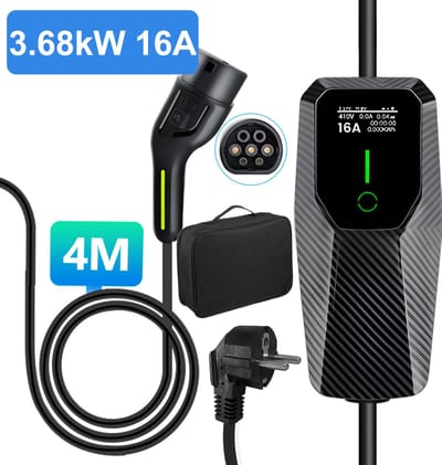 Junsun EV EU Mobiele Thuislader Laadkabel - Geschikt voor Elektrische Auto's | Type 2 – 4 meter Laadkabel - 3.68kW (16A 1-fase) - IP55 Regenbestendig - CEE-stekker - Laadkabel auto - 3 Jaar garantie - Incl. draagtas - IEC62196-2 & IP67 zwart