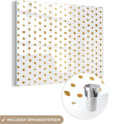 MuchoWow® Glasschilderij 120x90 cm - Schilderij acrylglas - Goud - Wit - Stippen - Patronen - Foto op glas - Schilderijen