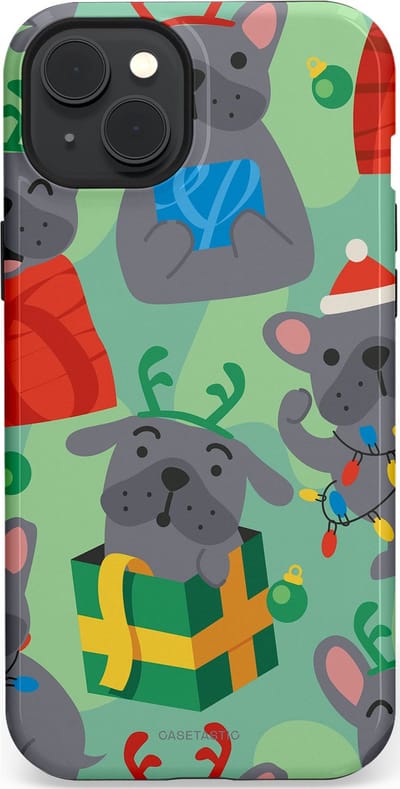 Casetastic hoesje geschikt voor Apple iPhone 15 Plus - MagSafe - Dubbellaagse bescherming - Hondje als Kerstcadeau - Fashion Case - Mintgroen Grijs Rood