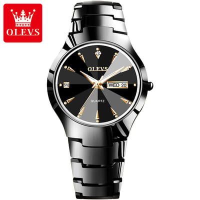 HO-8697.zw : OLEVS modieuse Heren Lover's zwart Tungsten-edelstaal quartzhorloge diamantontwerp, dagtekst, dagnummer