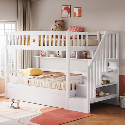 Komhtom Houten bed 90*200 cm, hydraulisch bedbodem, trap met opbergruimte, planken, stapelbed, bed voor tieners, wit
