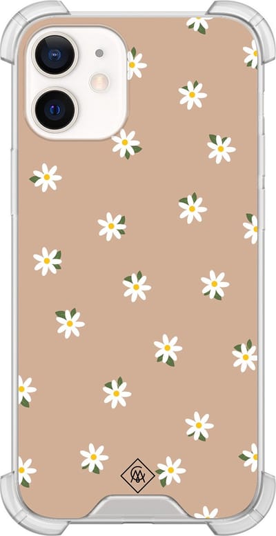 Casimoda® hoesje - Geschikt voor iPhone 12 Mini - Sweet Daisies - Shockproof case - Extra sterk - TPU/polycarbonaat - Bruin/beige, Transparant